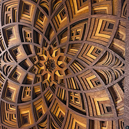 Extreme close-up view showcasing the fine-cut pattern and three-dimensional layering within the wood design.