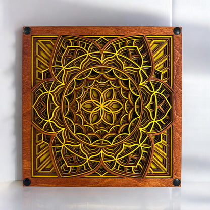 Front view of Quantum Blossom artwork – A 12-layer geometric mandala wall piece featuring vibrant yellow and earthy brown tones in an intricate flower-of-life pattern.