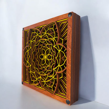 Side profile of Quantum Blossom – A detailed close-up of the multi-dimensional layered structure in a square wood frame stained with a rich amber hue.

