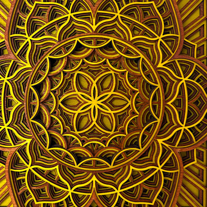 Close-up center pattern detail – Detailed macro shot of the flower-like center of the Quantum Blossom artwork, revealing the precision-cut yellow and wood layers.