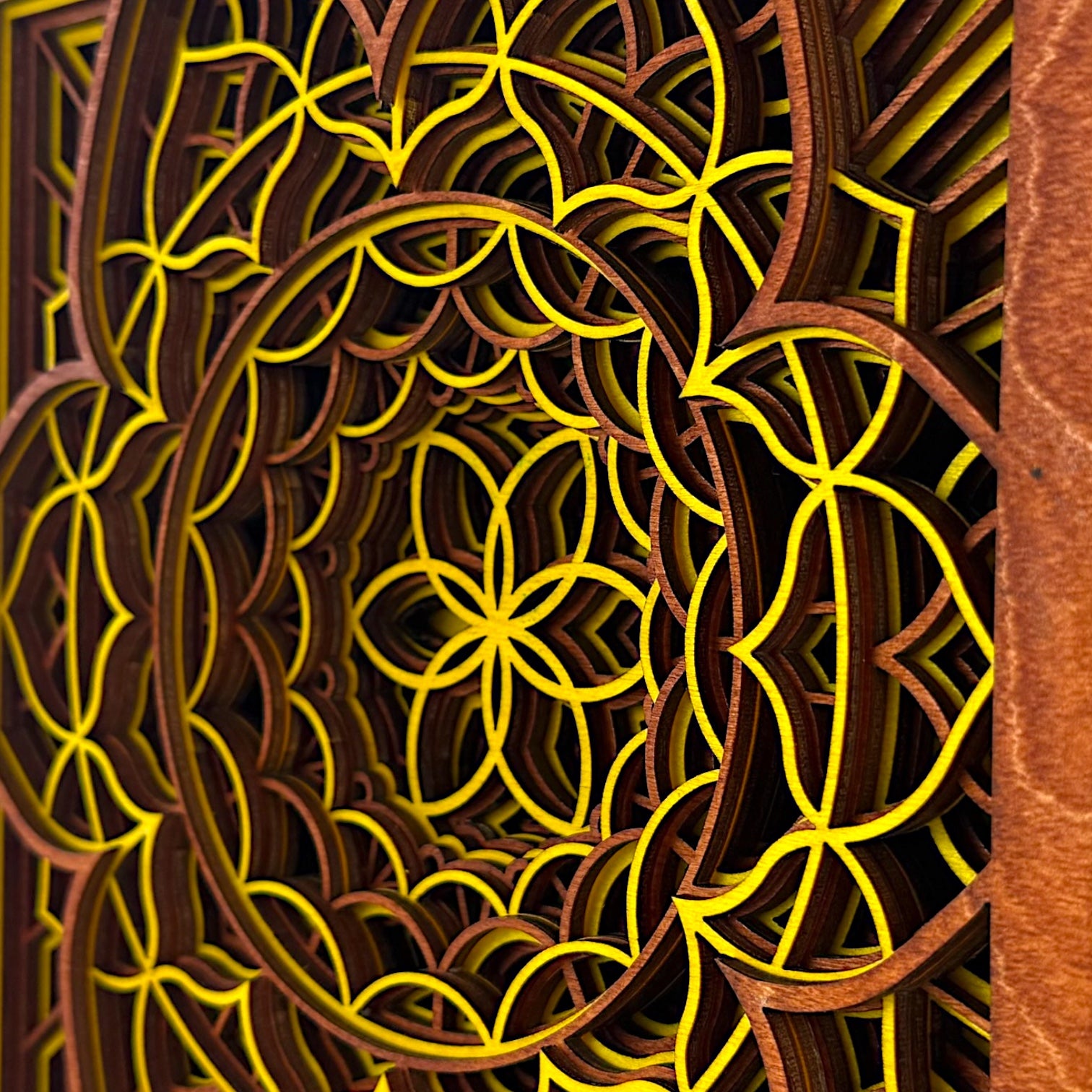 Depth-focused angled close-up – A side-angle detail shot capturing the rich depth and layered complexity of the Quantum Blossom’s geometric design.