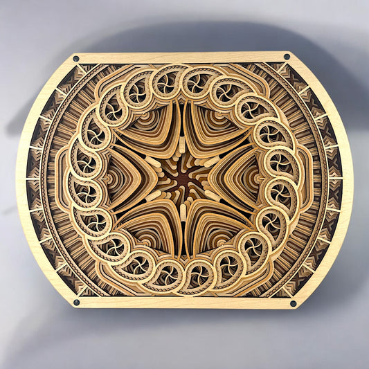 Front view of the Solar Bloom layered wood wall art, showcasing its 10-layer radial mandala design with intricate laser-cut detailing in warm natural tones.