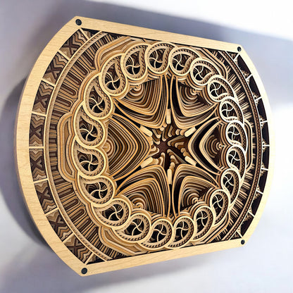 Top-down angled shot of the Solar Bloom wall decor highlighting its organic symmetry and complex concentric wood layers.