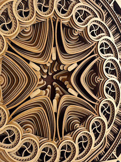 Extreme detail view of the layered mandala edges in Solar Bloom, revealing the flowing wood grain and sculptural contours of the design.
