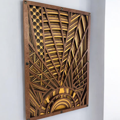 Angled close-up of layered Baltic Birch wood art showing laser-cut detail and dimensional depth