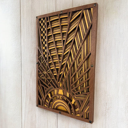 Sunveil wood art mounted on a modern interior wall