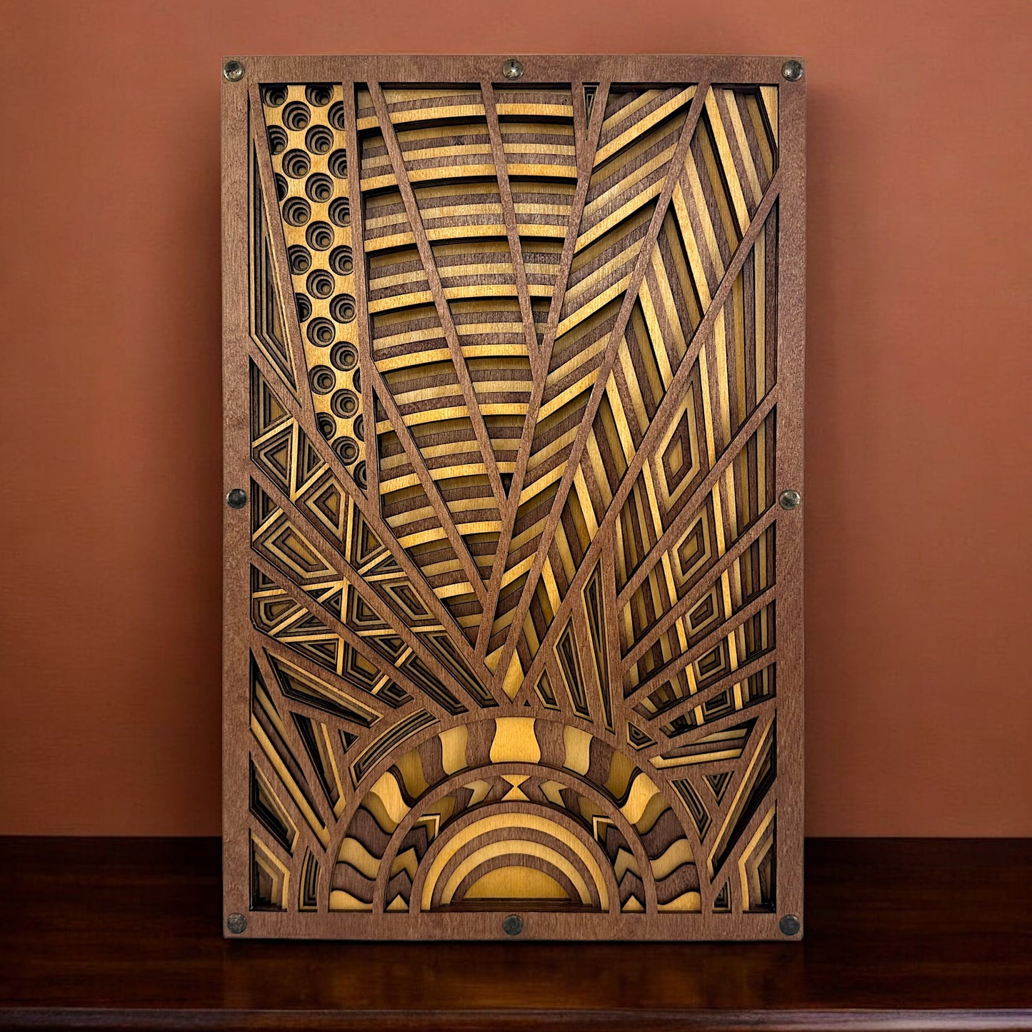 Sunveil wood art on a modern interior console table