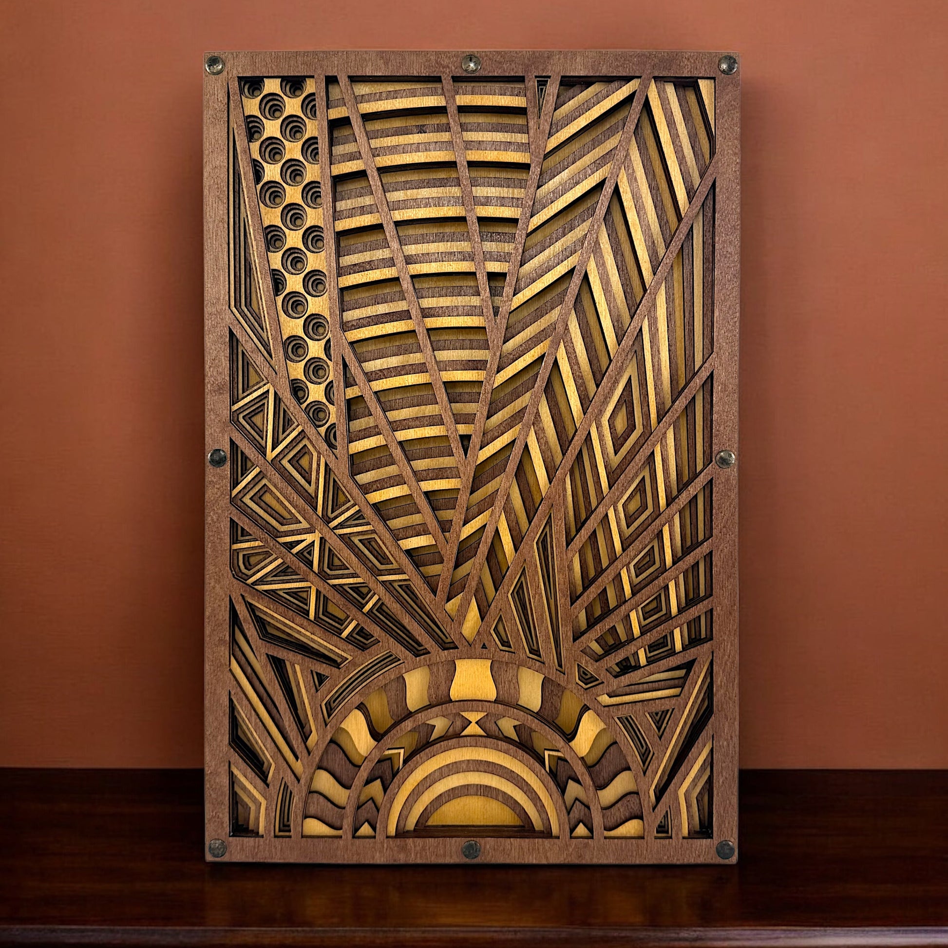 Sunveil wood art on a modern interior console table