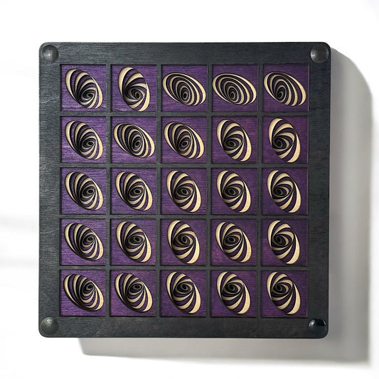 Front view of Vortex Array wood art piece featuring a grid of layered elliptical vortex designs in natural and black-stained wood on a purple background.

