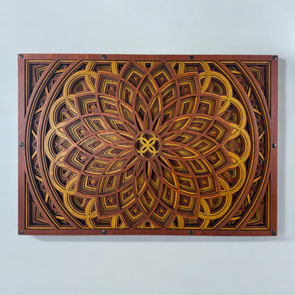 Front view of an 11-layer geometric mandala wood wall art piece in warm crimson, gold, and ember tones, mounted horizontally.