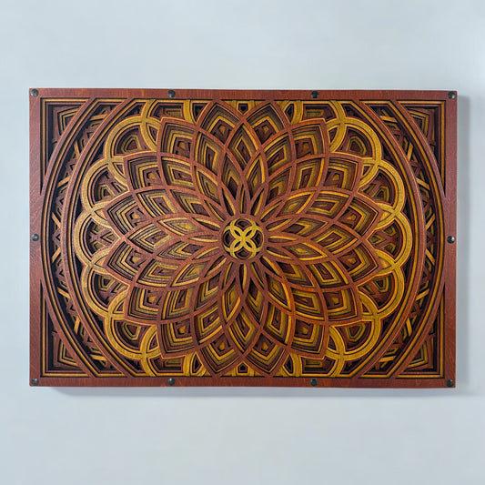 Front view of an 11-layer geometric mandala wood wall art piece in warm crimson, gold, and ember tones, mounted horizontally.