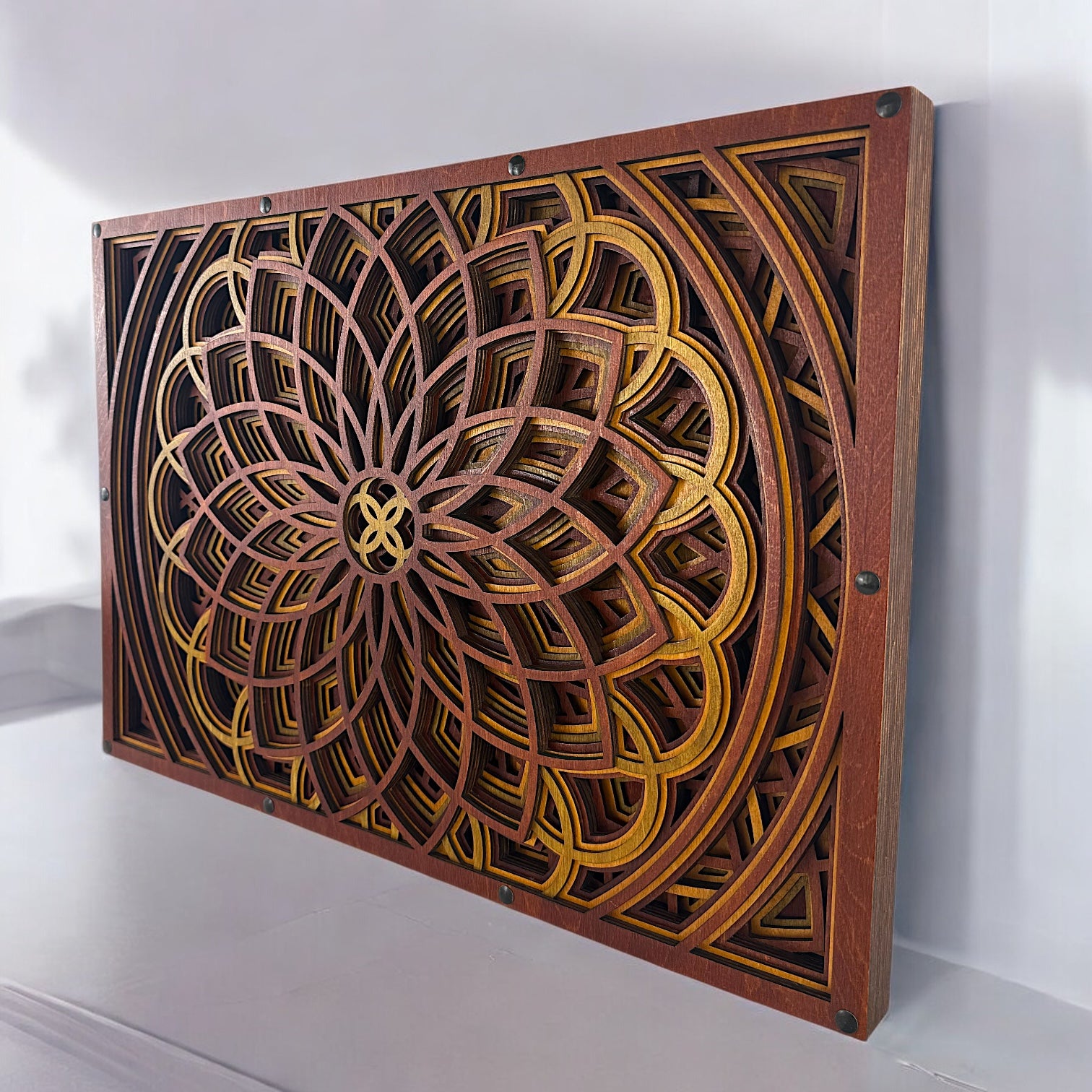 Angled side view of the Vortex Blossom piece emphasizing the depth, craftsmanship, and intricate layering.